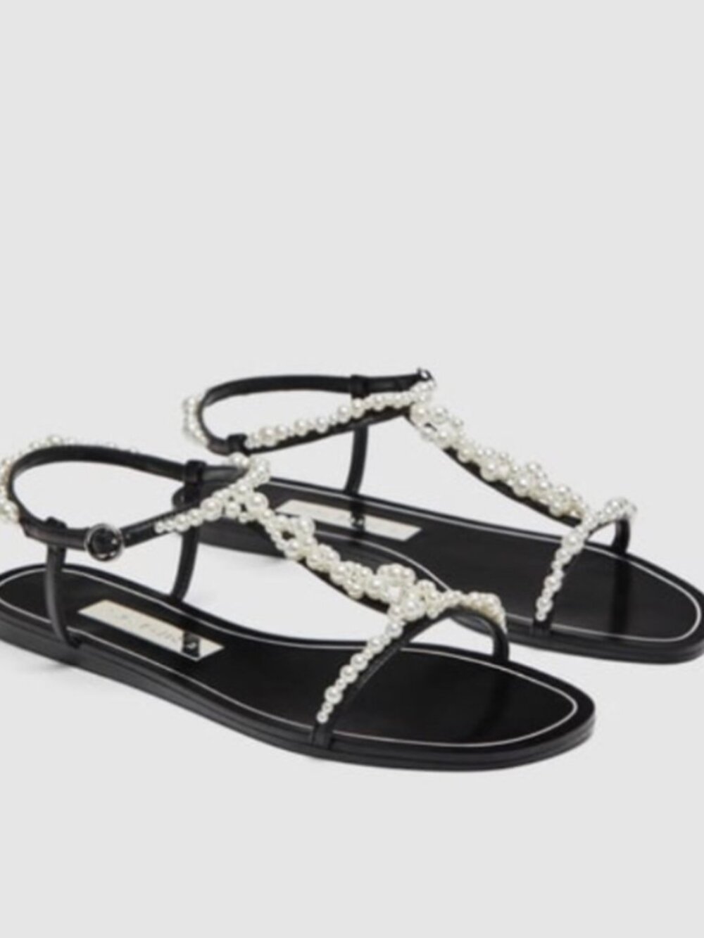 Zara Pearl Sandals T-Strap Open Toe Embellished Flats Ankle Strap Black Size 6 - Picture 6 of 7